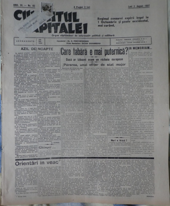 Ziarul Cuvantul Capitalei, 2 August 1937, cu timbru de circulatie postala