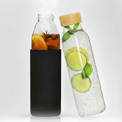 Sticla borosilicata Koken 500ml cu husa silicon antiderapanta, reutilizabila, capac bambus, rezistenta la bauturi fierbinti/reci, apa/suc/ceai/cafea, foto