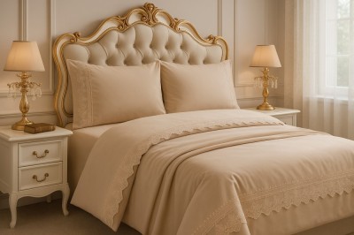 Set lenjerie pat dublu cu broderie lux Capuccino , 4 piese foto