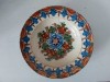 Farfurie veche de ceramica, blid de lut, Transilvania, decorat / pictat manual cu flori. model traditional, 22cm diametru