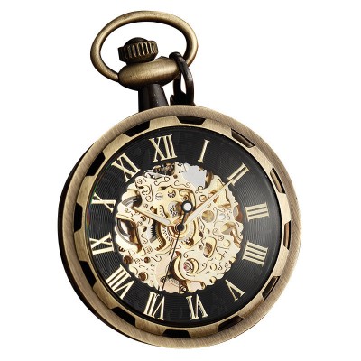 Ceas de buzunar, Gorben, Clasic, Vintage, Mecanic, Skeleton, Lant, Cifre romane, Auriu Negru foto