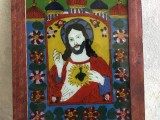 colectie / arta / religie - Icoana veche pictata pe sticla Iisus Hristos cu Inima Sacra arta naiva taraneasca in rama de lemn / Transilvania !