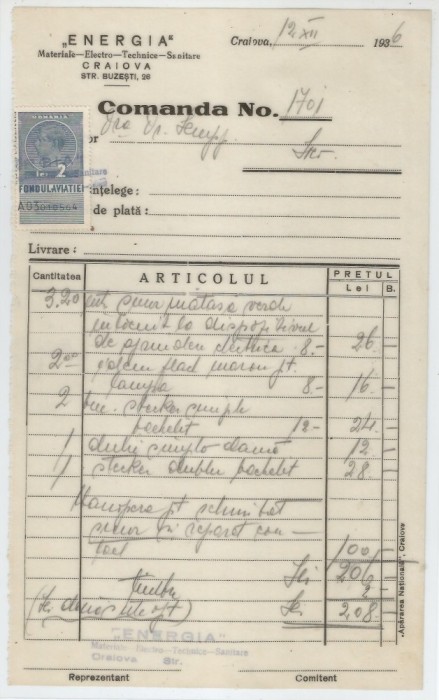 Romania, &quot;Energia&quot;, Materiale-Electro-Technice-Sanitare, Comanda, Craiova, 1946