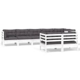 Cumpara ieftin Set mobilier de gradina cu perne, 8 piese, alb, lemn masiv pin