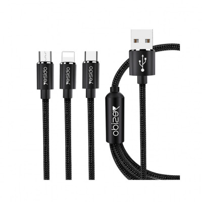 Cablu de Date 3in1 USB la Lightning, Type-C, Micro USB 60W, 3A, 1.2m - Yesido (CA-60) - Black foto