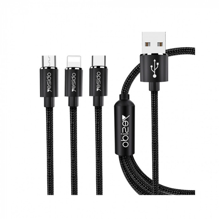 Cablu de Date 3in1 USB la Lightning, Type-C, Micro USB 60W, 3A, 1.2m - Yesido (CA-60) - Black