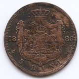 Romania 5 Bani 1883 B - Carol I, Cupru, 25 mm, KM-19