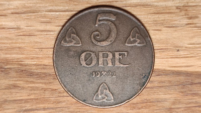 Norvegia - moneda mare de colectie - raritate - 5 ore 1922 bronz - stare f buna foto