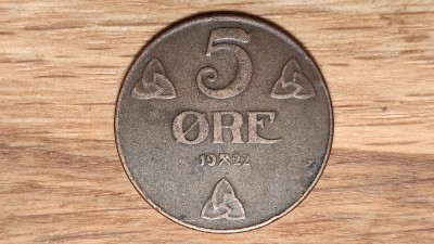 R08 Norvegia - moneda mare de colectie - raritate - 5 ore 1922 bronz - stare f buna foto