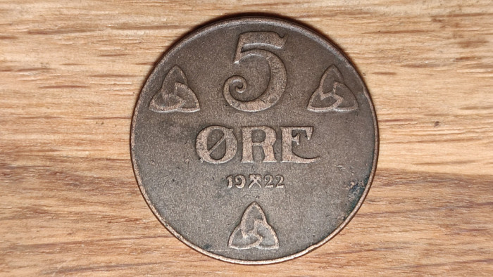 Norvegia - moneda mare de colectie - raritate - 5 ore 1922 bronz - stare f buna