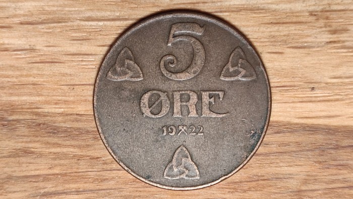 R08 Norvegia - moneda mare de colectie - raritate - 5 ore 1922 bronz - stare f buna