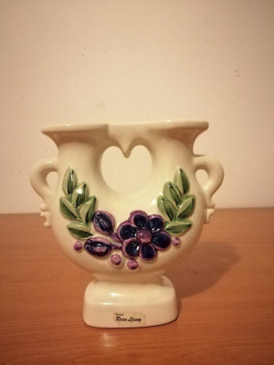 Sfesnic 2 brate suport lumanare ceramica flori mov vintage Rosa Ljung Suedia foto