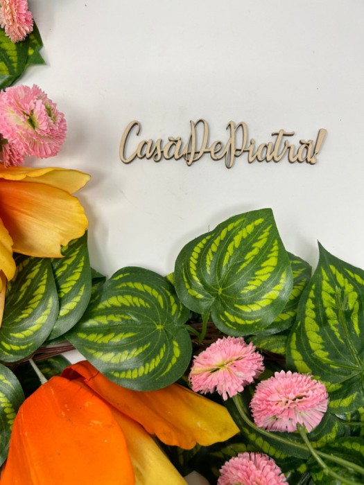 Topper cu textul ,,Casa de Piatra pentru aranjamente florale si torturi din lemn
