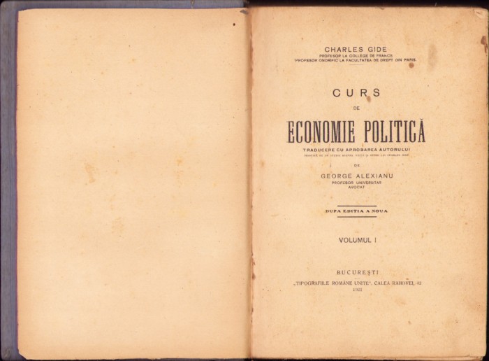 HST C6105 Curs de economie politică 1921 volumul I Charles Gide George Alexianu