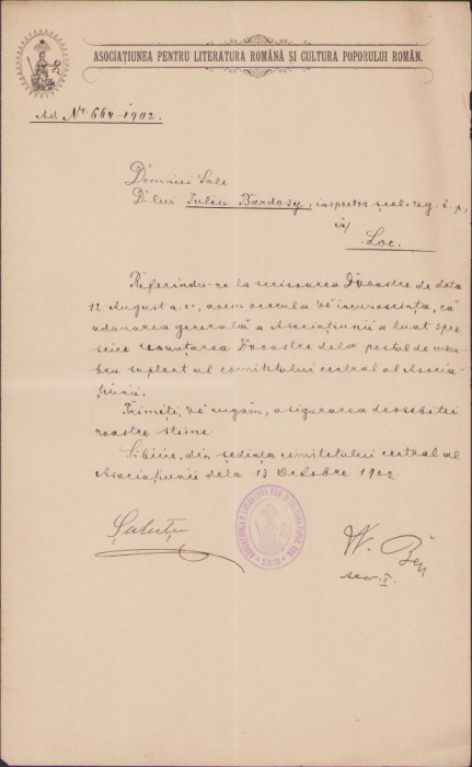 HST 193S Demisie membru comitet ASTRA semnat olograf Iosif Sterca-Șuluțiu 1902