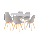 Set masa si 6 scaune Leziter Ravena alb-gri, blat piatra sinterizata, picioare metal alb, rezistent