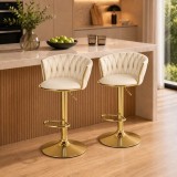 Set 2 scaune de bucatarie/bar, Artool, Mig, rotativ, catifea bej, picior metal auriu, 51x50x84-105 cm