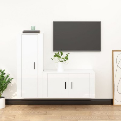 Set dulap TV, 2 piese, alb extralucios, lemn prelucrat foto