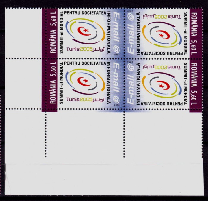 RO 2005 LP 1696a,&quot;Summit-ul Soc. Info. Tunis &quot;,bloc 4 colt,tip 1, tete-beche,MNH