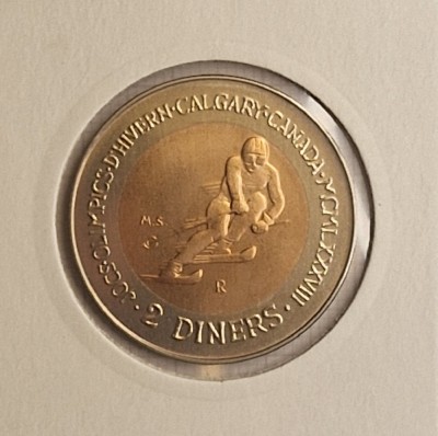 Andorra, 2 Diners 1985 - Joan Mart&amp;iacute; i Alanis XV Winter Olympic Games, KM#27, tiraj 11.000 foto