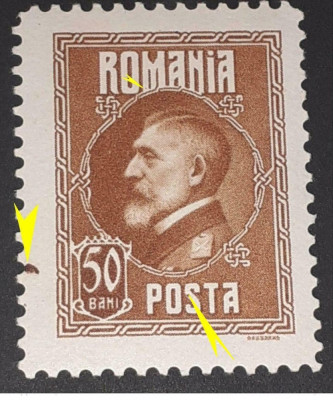 Eroare Romania 1926 LP 74, Ferdinand 50bani cu cerc in afara chenarului mnh foto