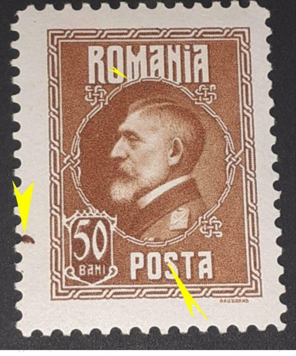 Eroare Romania 1926 LP 74, Ferdinand 50bani cu cerc in afara chenarului mnh