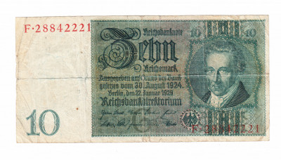 Bancnota Germania 10 mark/marci 1929, circulata, stare buna foto