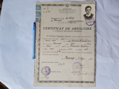 CERTIFICAT DE ABSOLVIRE.GIMNAZIUL EVANGHELIC AL COMUNITATII EVANGHELICE-1941. foto