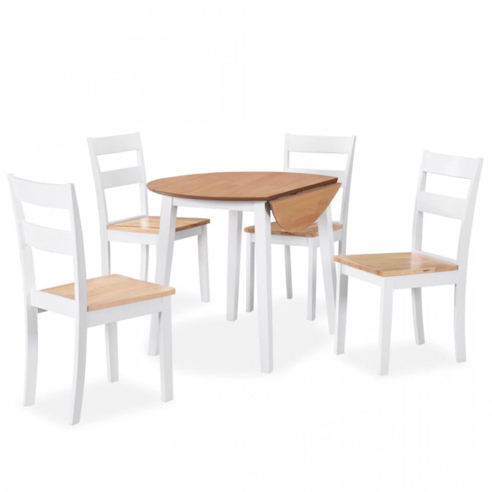 Set de masă 5 piese MDF și lemn de arbore de cauciuc Alb