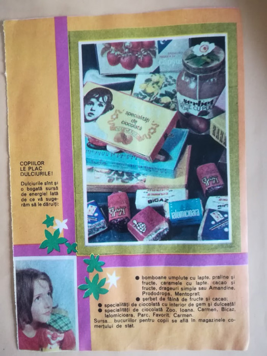 1978, Reclamă dulciuri, bomboane si ciocolată 24 x 16 cm, comunism, pionieri