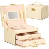 (DL) Cutie depozitare si organizare bijuterii, MDF, piele ecologica si velur, 17,5 x 14 x 12,5cm, crem Household NewTrend