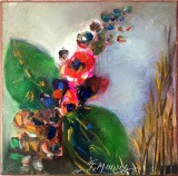 Pictură originală ulei pe p&acirc;nză &bdquo;Buchet sălbatic l&acirc;ngă iarba uscată&rdquo; 20x20 cm, pe șasiu. Certificat cu semnătura și ștampila artistului