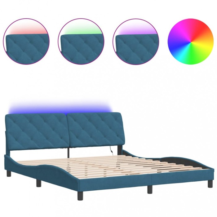 Cadru de pat cu LED fara saltea, albastru, 180x200 cm, catifea