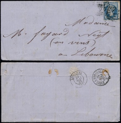 France 1867 Cover + Content Paris Libourne ambulant cancellation DB.368 foto