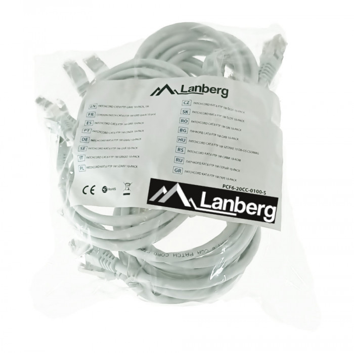 Set 10 cabluri retea-patchcord CAT6 FTP, Lanberg 43614, 2 X RJ45, lungime 1m, AWG26, 10Gb s-250MHz, de legatura retea, ethernet, gri