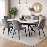 Cumpara ieftin Set masa living Elegant FDT4, blat caramica, structura metalica, 140x80x75 cm, alb maro si 6 scaune Doina FDC2, tapiterie catifea, 90 kg, gri