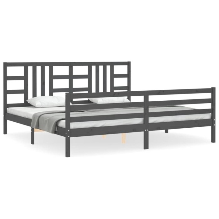Cadru pat cu tablie 200x200 cm, gri, lemn masiv