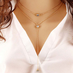 Colier dublu choker cu trei strasuri cristal elegant, auriu