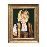 Tablou pictat manual inramat - Tarancuta cu basma galbena - 30x23cm ulei panza, reproducere Nicolae Grigorescu