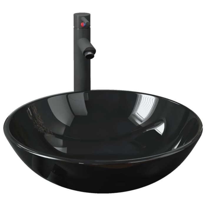 Chiuveta baie, robinet&amp;scurgere tip push, negru, sticla calita