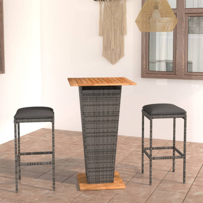 Set mobilier bar de gradina, cu perne, 3 piese, gri, poliratan