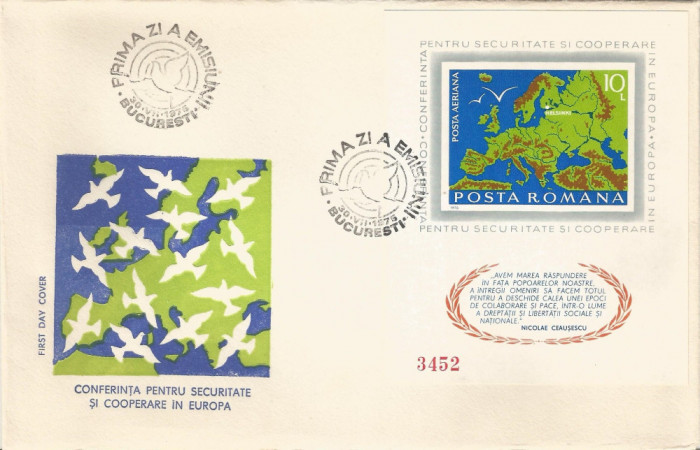 |Romania, LP 892/1975, CSCE, Helsinki, colita nedantelata, FDC