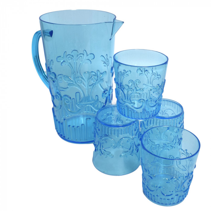 Set Carafa cu 4 pahare, L.Dake&amp;Zn.,culoare albastru transparent, plastic, 1 x 2.5 L, 4 x 40 cl