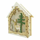 Decoratiune luminoasa, model de Casa cu Reni, maro, lungime: 18 cm, latime: 5 cm, inaltime: 21 cm, lemn, interior/exterior, Flippy