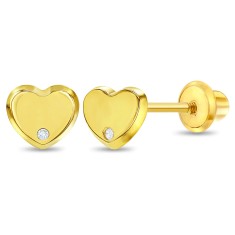 Cercei Aur 14K pentru Bebelusi, forma de Inima cu Diamant, inchidere cu Filet si Protectie