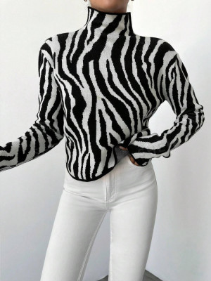 Bluza pe gat cu imprimeu zebra, negru, dama foto