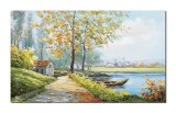 Cumpara ieftin Tablou 3D inspirational peisaj din natura cu barca pictat manual, Liniste deplina, 100x60cm ulei pe panza, Valentin Pop