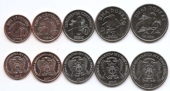 Sao Tome &amp; Principe Set 5 - 0,10, 0,20, 0,50, 1, 2 Dobras 2017 - UNC !!!