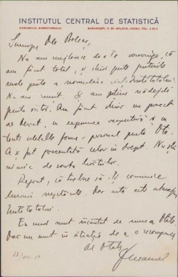 A401 Scrisoare olografă Sabin Manuilă către Lucian Bolcaș, 1938 foto