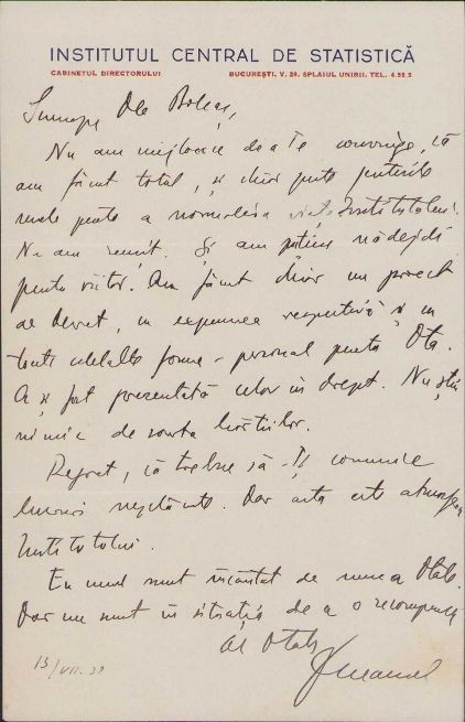 A401 Scrisoare olografă Sabin Manuilă către Lucian Bolcaș, 1938